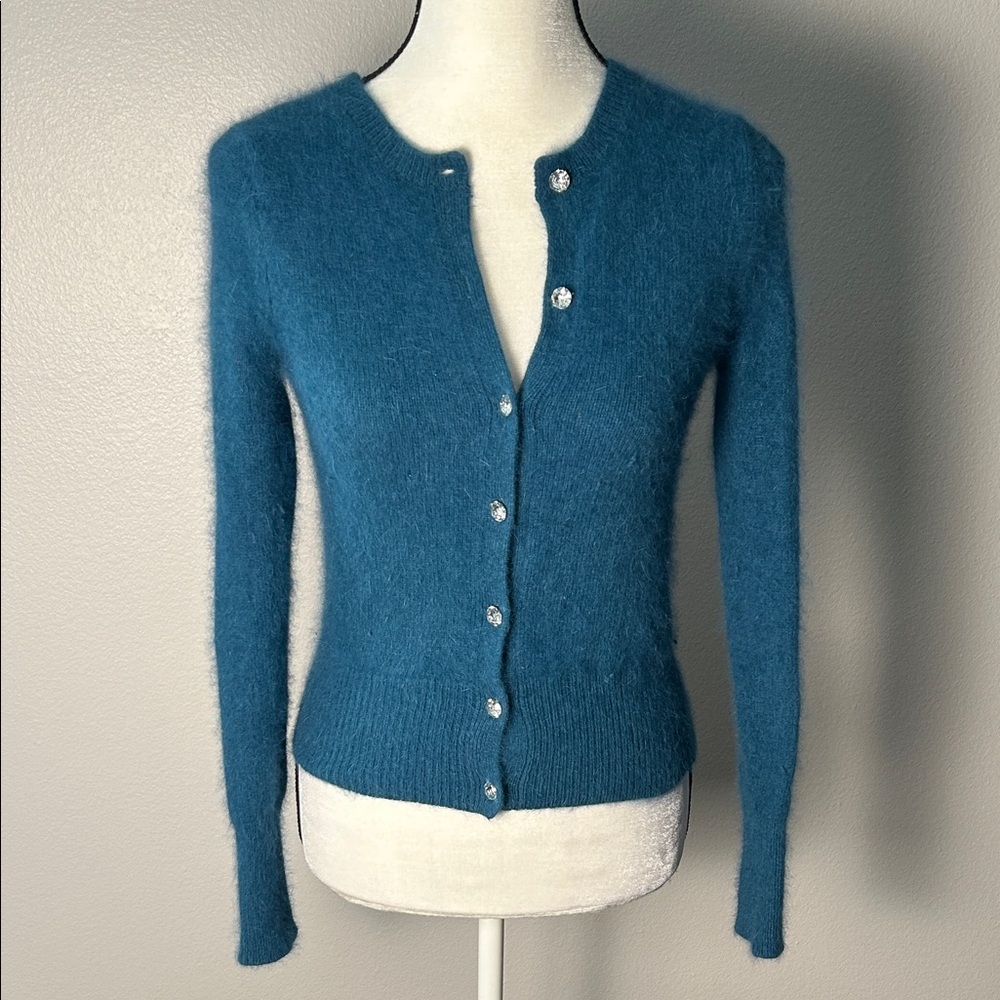 Moda International Soft Angora Sweater with Rhinestone Buttons (Size Small)